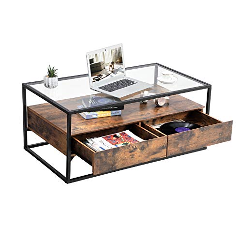 VASAGLE GLATAL Glass Coffee Table with 2 Drawers, Tempered Glass Top