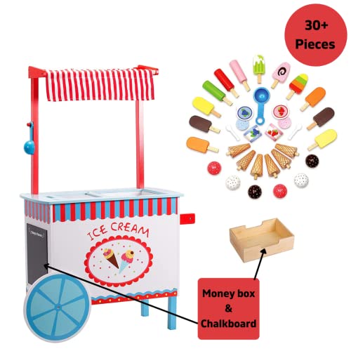 Ice Cream Cart Kids Pretend Play Stand Premium Wood 33+ Pc Realistic