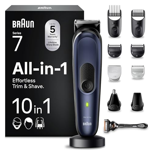 Braun All-In-One Trimmer-Set 7, 10-in-1 Multigroom, Barttrimmer, Nasenhaartrimmer, Haarschneidemaschine für Gesicht, Kopf und Körper, 100 Min. Akku, 14 Längen (3–21 mm), Wasserdicht, MGK7410, Blau