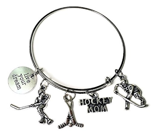Hockey Mom bracelet, Hockey bracelet, Hockey jewelry, Hockey Stick bracelet, Hockey charm, Hockey Helmet charm, Hockey player charm, Hockey stick charm, Gift for Hockey fans, Hockey bangle bracelet