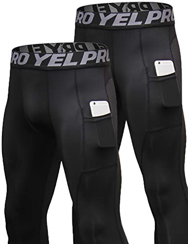 Lavento Men's Compression Pants Baselayer Cool Dry Pocket Running Ankle Leggings Active Tights (2 Pack-3911 Black,Medium)