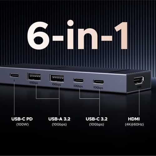 UGREEN Revodok USB-C Hub 6-in-1 10Gbps USB C 3.2 & USB A 3.2 4K 60Hz HDMI, 100W Power Delivery Type C Hub Multiport Adapter for iPhone 17, MacBook Pro/Air, HP, Dell