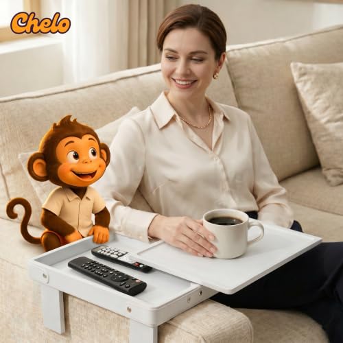 Chelo Sofa Armrest Tray - Rigid Side Table with Built-in Storage for Smartphone, Remote Control & Drink - Fits 16-29 cm Armrest - Non-Slip, White