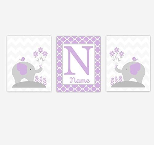 Baby Girl Nursery Art Purple Elephants Personalized Name Baby Nursery Decor SET OF 3 UNFRAMED PRINTS