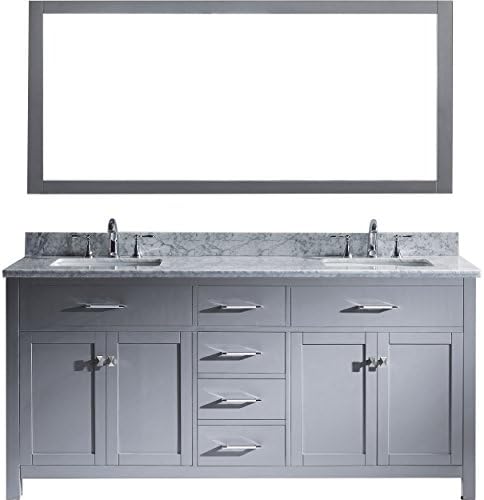 Virtu USA MD-2072-WMSQ-GR-001 Caroline 72" Double Bathroom Vanity in Grey with Marble Top and Square Sink with Brushed Nickel Faucet and Mirror, 72 inches