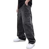 LOGEQI Mens Baggy Cargo Jeans Wide Leg Hip Hop Jeans Streetwear Loose Fit Denim Pants