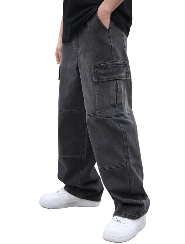 LOGEQI Mens Baggy Cargo Jeans Wide Leg Hip Hop Jeans Streetwear Loose ...