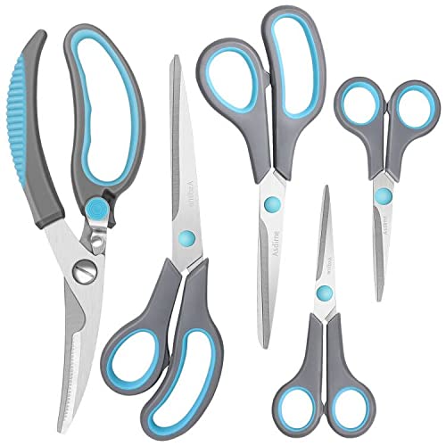 Asdirne Scissors, Kitchen Shears with Sharp Stainless Steel Blades and Soft Handles, Multifunctional Scissors Set, 5Pcs, Blue/Grey