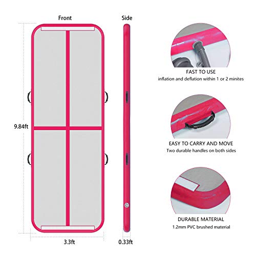 EZ GLAM Inflatable Gymnastics Tumbling Air Track Tumbling Mat Air Track Gymnastic Air Floor Mat Track Cheerleading for Home Use/Cheerleading/Beach/Park and Water (10ftx3.3ftx4in(3x1x0.1m), Pink-E)