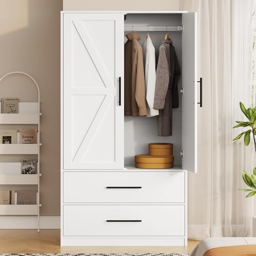 HOOBRO Armoire Wardrobe Closet with 2 Drawers, 180 cm Tall Wardrobe Cabinet with Hanging Rod, 2 Doors Bedroom Armoires, Farmhouse Clothing Storage Cabinet, Wooden Wardrobe for Bedroom, White WT180CW01