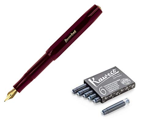 Kaweco Classic Sport Medium Nib Fountain Pen + Pack of 6 Black Ink Cartridges Set (Burgundy)