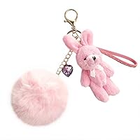 MoGist Soft Plush Bunny Charm Ring Keyfob Rabbit Faux Keyring Fluffy Pompom Keychain for Car Key,Handbag,Backpack,Cellphone,Purse Decoration (Pink Ball)