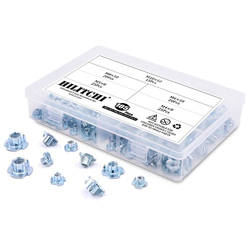 image for Hilitchi 105-Pcs M4 5 6 8 10 Zinc Plated Steel T-Nut 4 Pronged Tee Bli