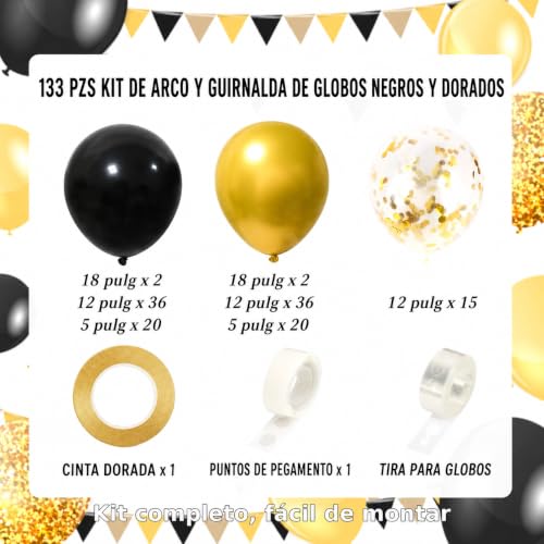 Globos Negros y Dorados Metálicos con Confeti para Graduación 2026, Kit de Guirnalda Arco de Globos Decoración Fiesta de Graduación, Adornos Decoración Graduación 133 Pzs