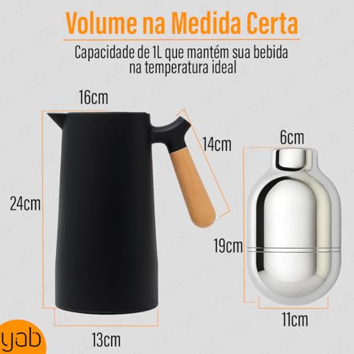 Garrafa Térmica Café 1 Litro Preta YAB Cabo de Madeira C/Botão Nórdica