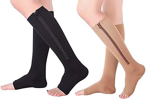 EWRGGR 2 Pair Zip Compression Socks Medical Toeless with Zipper Easy on off 15-20 mmHg for Edem, Varicose Veins, Swollen Sore