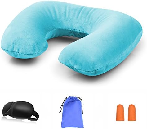 Travel Pillow Inflatable Airplane Foldable Portable Neck Pillow Compact Lightweight Headrest Sleeping on Car Train Pillow Cushion Business Trip Holiday with Storage Pouch + Eye mask + Earplug (Blue)