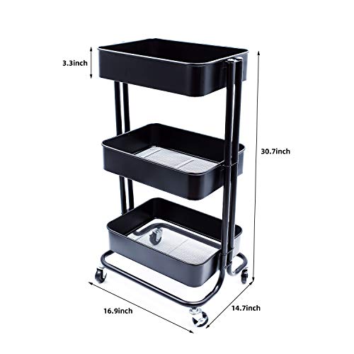 Iris'Home 3-Tier Metal Rolling Storage Cart Heavy Duty Utility Cart on Wheels for Bathroom, Kitchen, Office, Bedroom. Easy Assembly Storage Trolley Service Cart with Mesh Baskets - Black