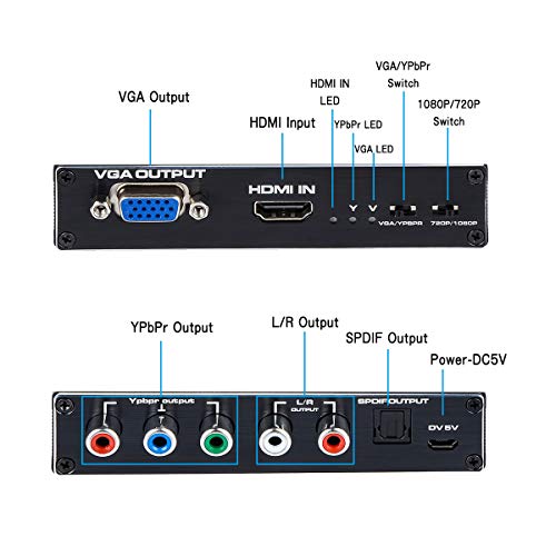 1080P HDMI to Component(YPbPr/RGB/5RCA) or VGA Scaler Converter with Toslink SPDIF Audio Output for PC, PS3, Roku Etc, Black