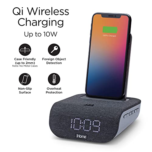 iHome Alarm Clock with Wireless Charging, USB Charging, and Bluetooth