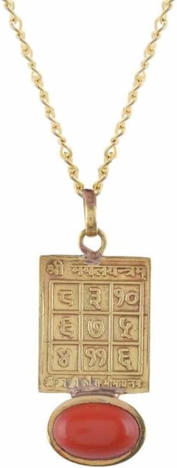 Krishna Mehta Gems Handmade Natural Capsool Red Coral Moonga with Mangal Yantra Golden Panchdhatu Alloy Pendant for Men and Women