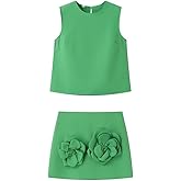 THLAI Summer Women 2 Piece Skirt Sets Sleeveless Crop Tank Top and Mini Skirt Matching with 3D Flower Sexy Short Sets