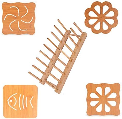 Bamboo Wooden Dish Rack Dishes Drainboard Drying Drainer Storage Holder Stand Kitchen Cabinet Organizer and 4pcs Bamboo Trivet Kicthen Set