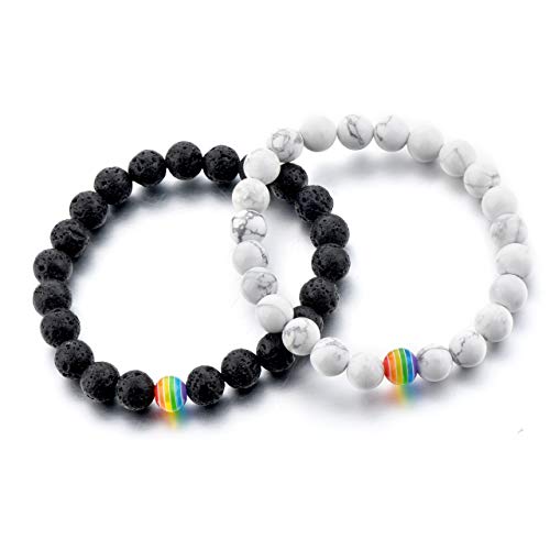 City Oak LGBT Relationship Bracelet | 2 Pieces | White Howlite, Black Lava Rock, Rainbow Resin | Oil Diffuser Beads | Gay Couples Strong Cord | Handmade | Love is Colorful