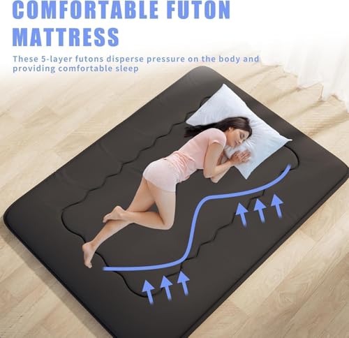 Kiseely Portable Folding Futon Mattress, Tatami Folding Japanese Sleeping Mattress, Portable Sleeping Mat for Dorm with Bag and Strap, Roll Up Camping Floor Mattress (Black HY1, 150 x 200 cm)