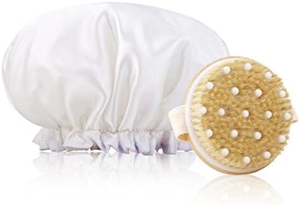 Fantcen Shower Cap White &amp; Round Bath Brush Bristles Set for Home Spa Reducing Cellulite &amp;Toxin for Detox and Exfoliation??