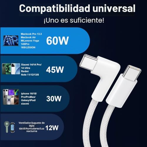 Cable USB C a USB C[2Pack 2M] 60W Cable Carga Rapida Tipo C 90 Grados PD