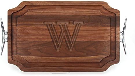 BigWood Boards W320-LCLT-W Carving Board with Scalloped Corners with Large Boat Cleat Handle in Cast Aluminum, 15-Inch by 24-Inch by 1.25-Inch, Monogrammed "W", Walnut
