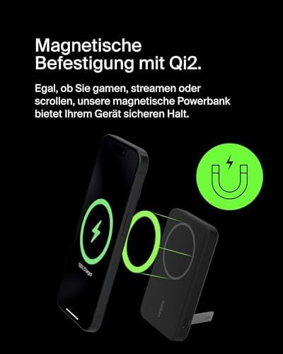 BoostCharge Pro Kabellose Powerbank 5000mAh mit Qi2, MagSafe-Kompatibles Tragbares Ladegerät mit Integriertem Ständer, für iPhone 17, iPhone Air, iPhone 16, 15, 14, Pixelsnap usw. – Schwarz