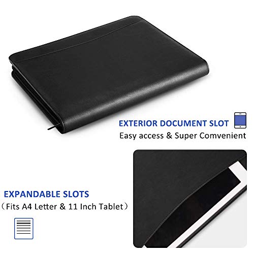 OOWOLF Padfolio Portfolio Folder, PU Leather Professional with Round Ring Binder 8.5 x 11 Inch Writing Pad Tablet Sleeve Interview Resume Document Organizer Business Card Holder Zippered Closure