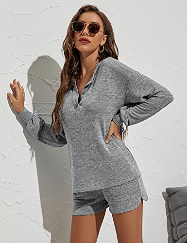 ZHENWEI Women Long Sleeve Sweatsuit Sets Knit Tracksuit 2 Piece Casual Outfit Sets Henley Neck Pajamas Set Lounge Sets with Pockets Light Gray S