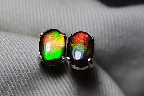 8x6 mm Genuine Oval Cabochon Ammolite Stud Earrings Sterling Silver Pair #22