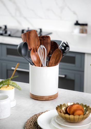 360° Rotating Utensil Holder, 7.2" Large White Ceramic Cooking Utensil Crock, Countertop-Protection Cork Bottom, Ideal for Farmhouse Kitchen Decor, White