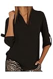 YUTRENDS Women's Cuffed Sleeve Plus Size V-Neck Solid Blouse Shirts Tops
