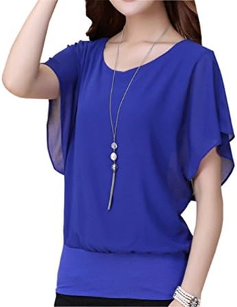 UbdehL Women's Tops Chiffon T-Shirt Petite Summer Blouse Short Sleeve Korean Clothing (L, Blue)