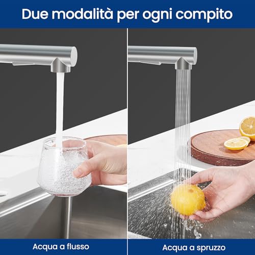 CECIPA Kitchen Sink Tap with Hand Shower, Stainless Steel Kitchen Mixer | With 2 types of jet, removable hand shower, 360° swivel spout, hot and cold water (brushed)