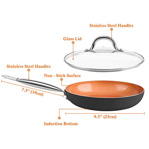 SHINEURI 9.5 inch Copper Fry Pan with Lid, Nonstick Ceramic Skillet for Stir fry, Saute Pan with Stainless Steel Steamer handle for Induction, Gas, Electric & Stovetops, Perfect for 2-3 Person Meal