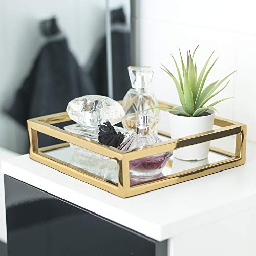 Le'raze Beautiful Mirrored Tray with Chrome Rails, Elegant Square