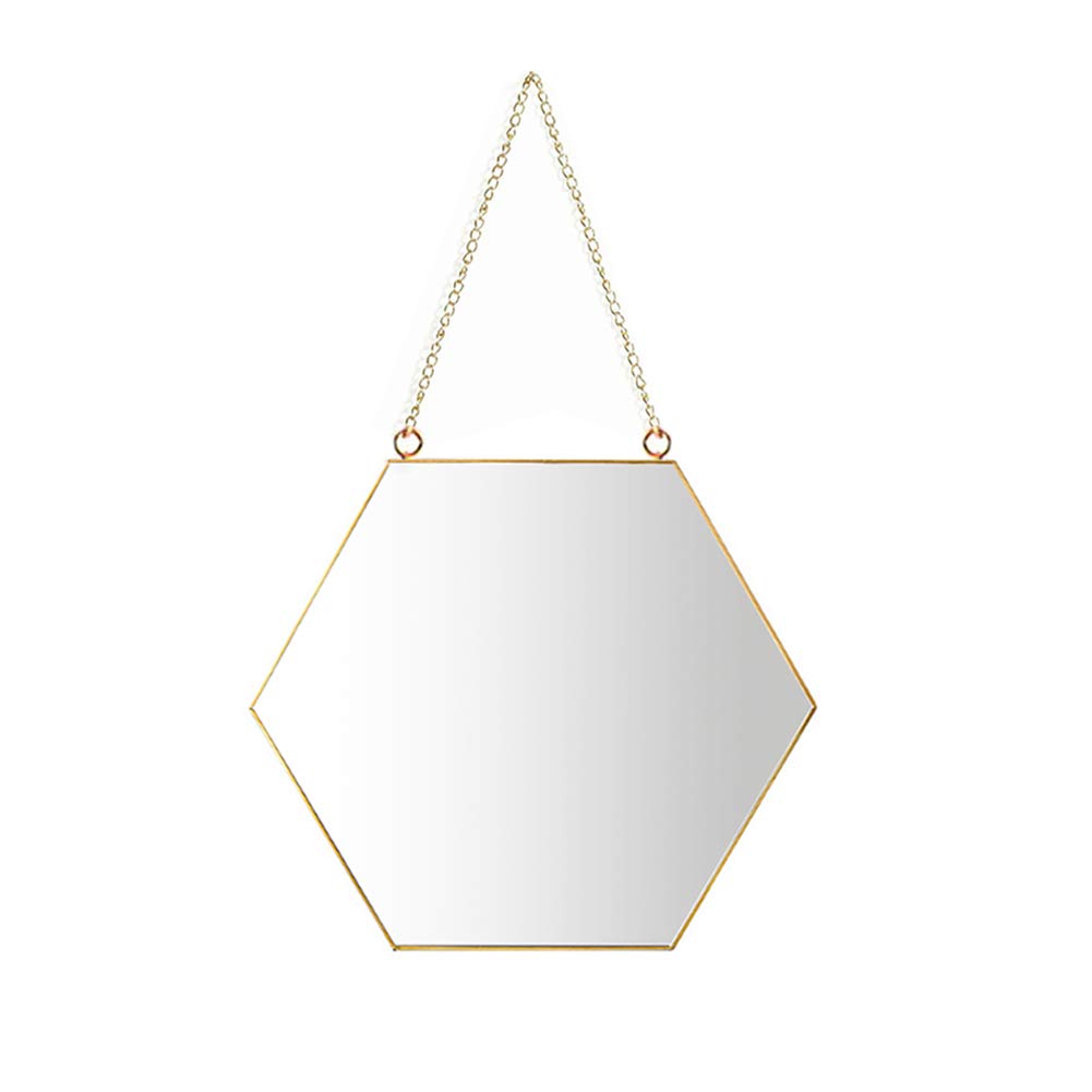 AIFUSI Hanging Mirror, 21 x 24cm Hexagon Bathroom Makeup Mirror Brass Frame with Hanging Chain [Small Size]