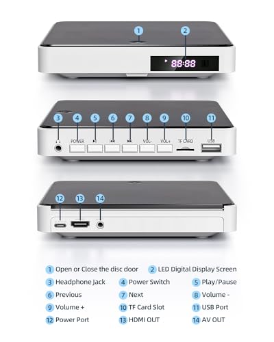 Arafuna DVD Player, DVD Player for Free All Regions Televisions, 1080P HDMI CD Player with AV Output, USB Input, Remote Control and AV Cable - White