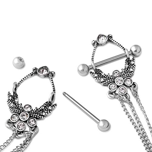 Painful Pleasures 14g 18mm Stainless Steel Nipple Barbells with Triple Chained Nipple Shields - Burnished Silver-Cast Brass Laurel Shield Design with Crystal Jewel