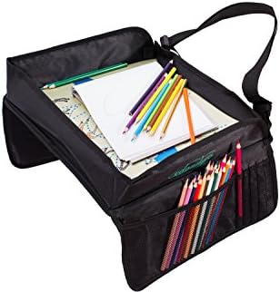 Kids Travel Tray Car Seat Snack Organizer | Premium Design with Strong Buckles and Rigid Walls | Accessory Pockets | Mess-Preventing Raised Edges | Firm Writing Surface