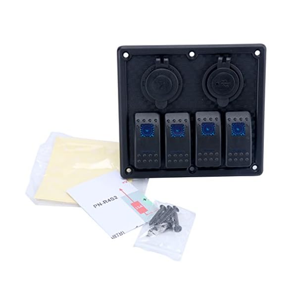 Amarine-made-Blue-LED-light-indicator-Waterproof-4-gang-rocker-switch-Panel-Double-USB-Power-Charger-Adapter-12V-Cigarette-Lighter-Socket-for-Marine-Boat-CarMarinePN-R4S2