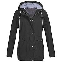 Womens Solid Rain Jacket Outdoor Plus Jackets Waterproof Hooded Raincoat Black