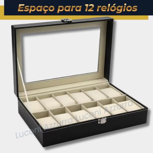 Porta-Relógio com 12 Compartimentos, Couro Sintético Preto, Tampa de Vidro e Almofadas Aveludadas