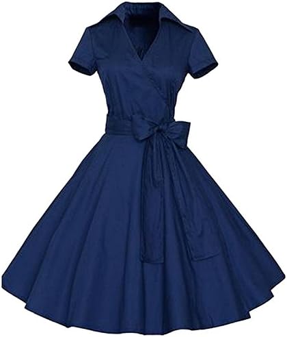 Fordbox Womens Hepburn Slim Fit Short Sleeve Big Hem Vingtage Dress NavyblueX-Small